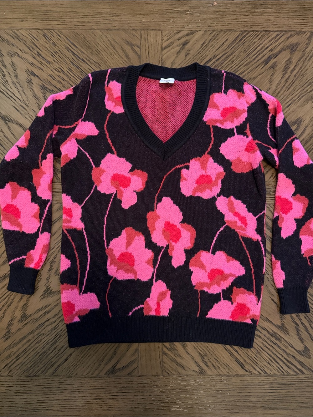 CAbi V-Neck Floral Sweater in Pink and Black